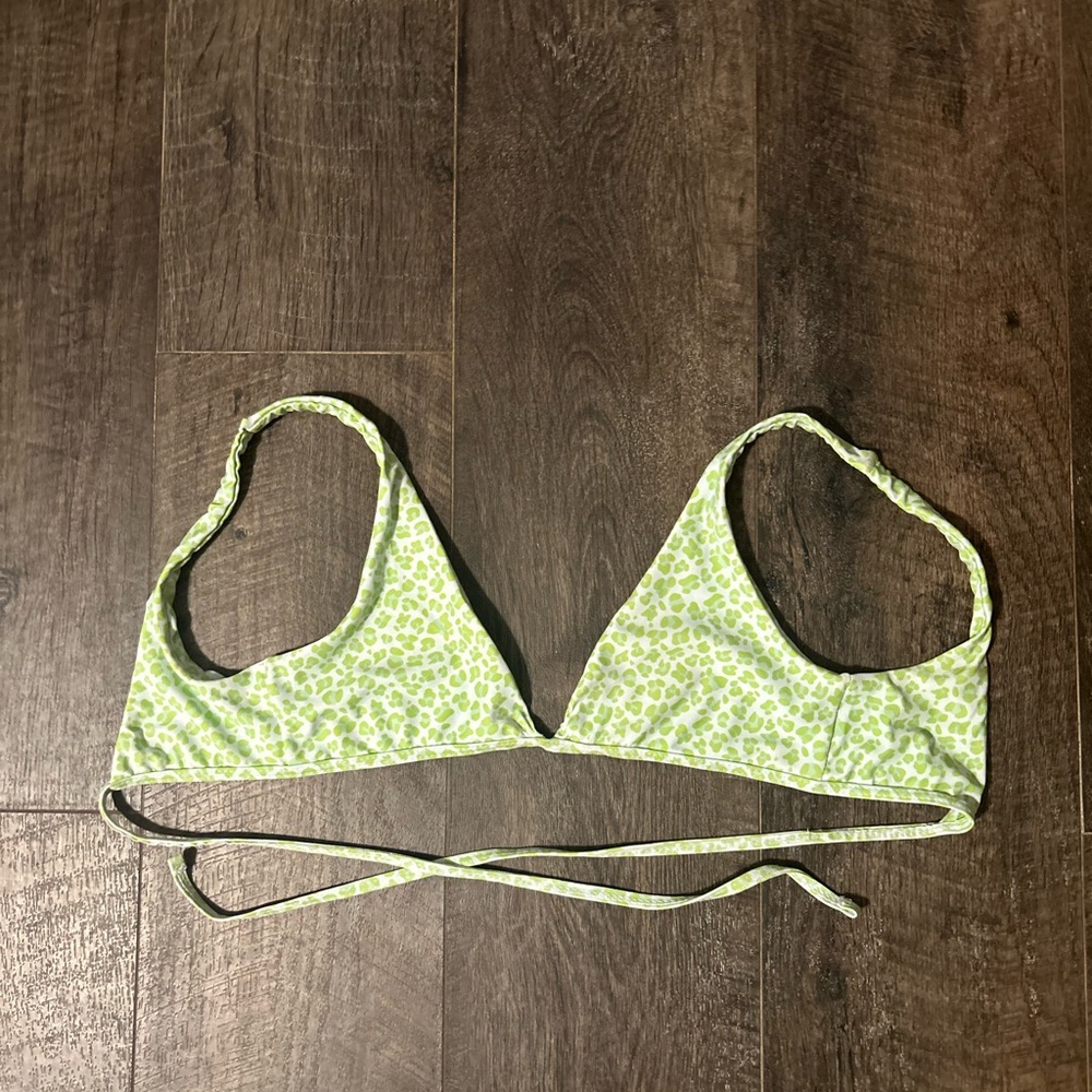 Green/white cheetah tie bikini top